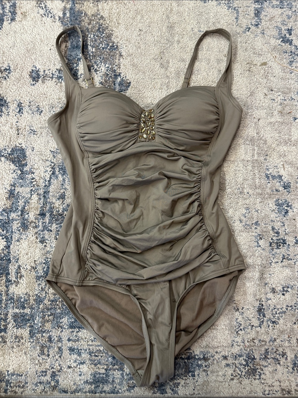 Jantzen Women’s Olive Ruched One-Piece Swimsuit with Embellished Bust